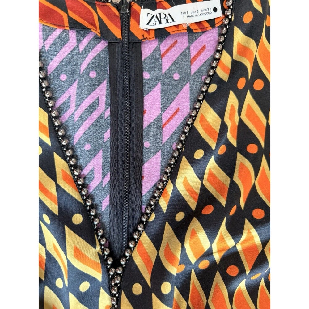 Zara Dress Small Boho Multicolor Psychedelic Mini Beaded Neckline EUC - Picture 5 of 5